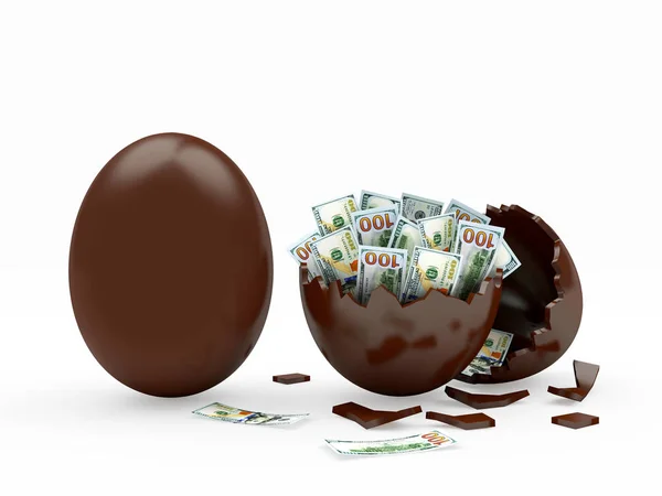 Ovo de chocolate e casca de ovo quebrado cheio de notas de dólar — Fotografia de Stock
