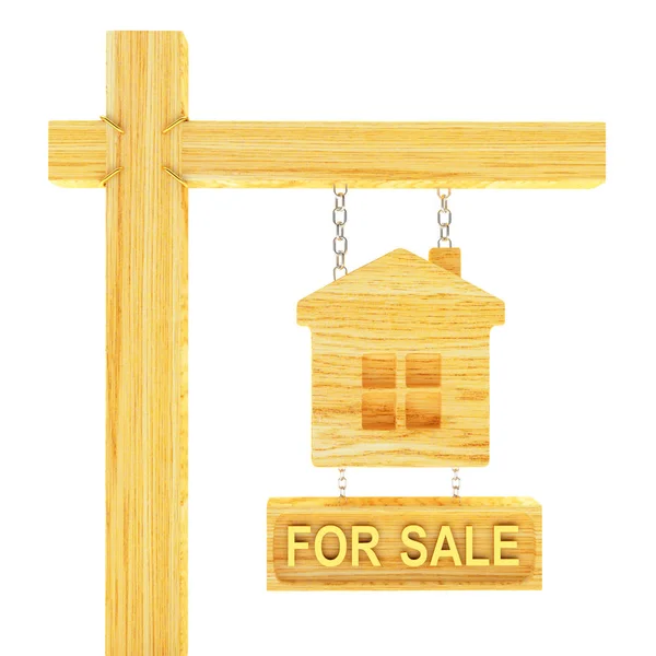 Wooden sign in the shape of house with text for sale — Stock Photo, Image