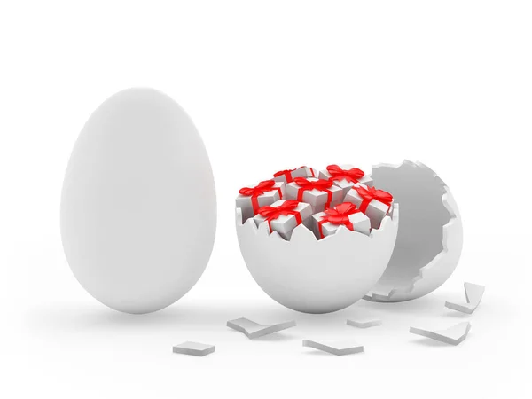 Weißes Ei und zerbrochenes Ei soll mit Geschenkboxen innen. — Stockfoto