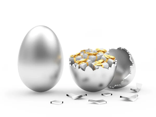 Silver egg and broken egg shall with gift boxes inside. — Stock Photo, Image