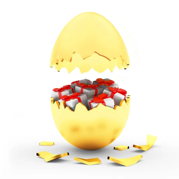 Tört arany húsvéti tojás az ajándék dobozok — Stock Fotó