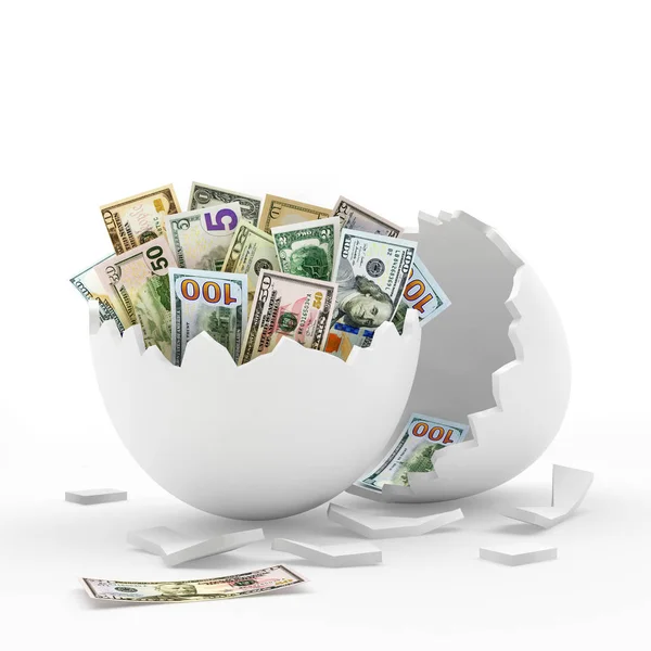 Cáscara de huevo rota blanca llena de billetes de dólar . — Foto de Stock