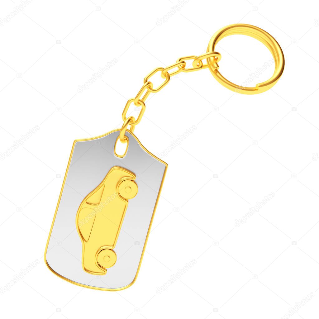 Golden car icon on silver key chain on white 