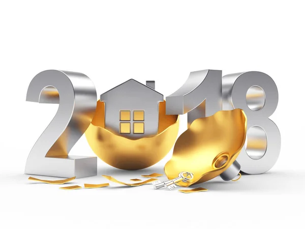 Prata 2018 Ano Novo e bola de Natal dourada quebrada com casa — Fotografia de Stock
