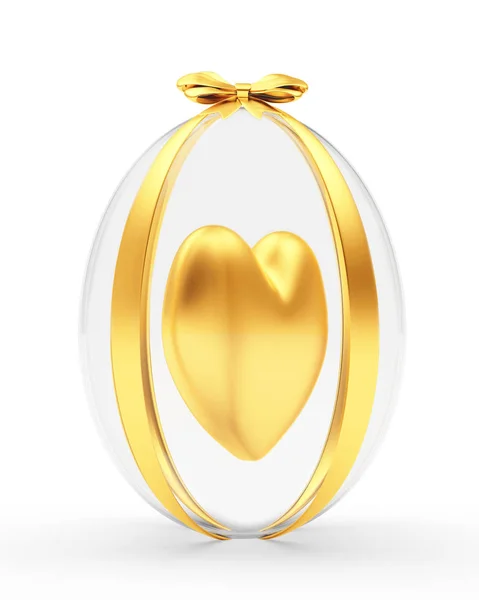 Ovo de Páscoa de vidro com fita dourada e coração dentro — Fotografia de Stock
