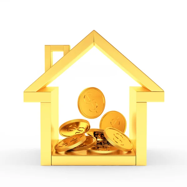 Goldenes Haus mit einem Haufen Münzen im Inneren — Stockfoto