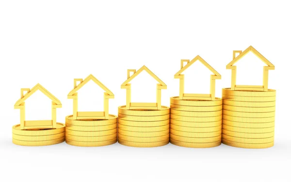 Ícone de casas no gráfico de moedas de ouro — Fotografia de Stock