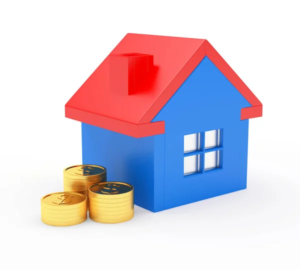 Блакитний будинок з червоним дахом і золотими монетами — стокове фото