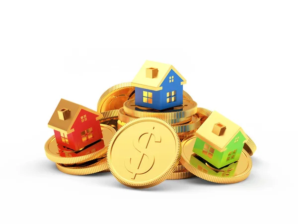 Trois maisons colorées sur un tas de pièces d'or — Photo