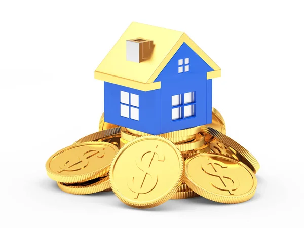 Casa azul em uma pilha de moedas de ouro com sinal de dólar — Fotografia de Stock