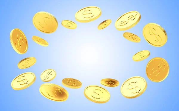 Zlaté mince, které jsou uspořádány v kruhu s prostorem pro text na modré. — Stock fotografie