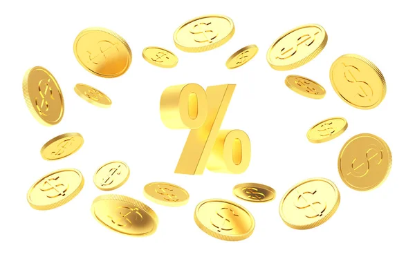 Sinal de percentagem de ouro rodeado por moedas — Fotografia de Stock