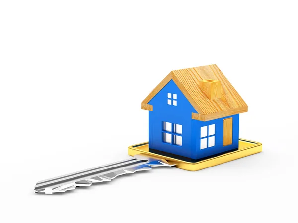 Sleutel met blauwe huis figuur — Stockfoto