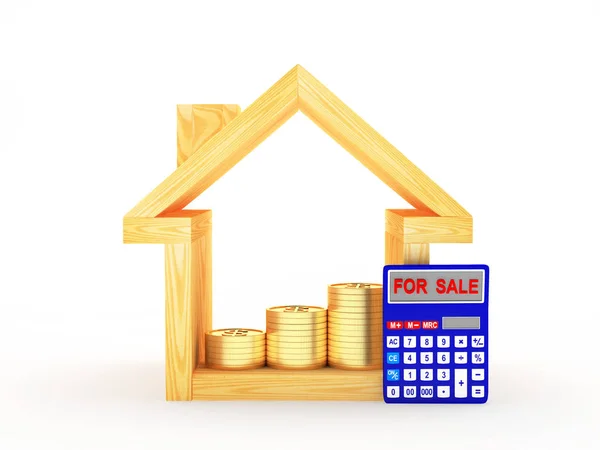 Ícone de casa de madeira com moedas e calculadora com a palavra PARA VENDA — Fotografia de Stock