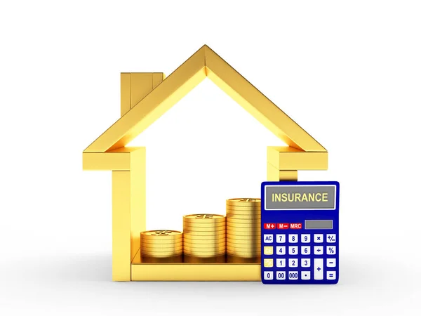 Значок "Золотой дом" и калькулятор со словом "страхование" — стоковое фото