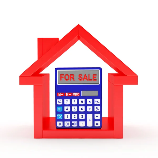 Icono de la casa roja y calculadora con la palabra EN VENTA en la pantalla —  Fotos de Stock