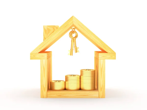 Іконка дерев'яного будинку з ключами та графіком золотих монет всередині — стокове фото