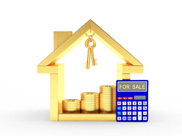 Golden house icon, keys, coins and calculator with the word FOR SALE — Stock Photo, Image