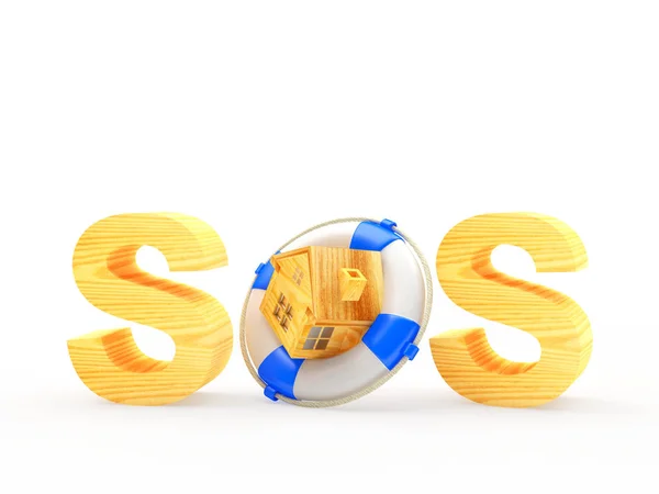 Palavra SOS e casa em lifebuoy — Fotografia de Stock