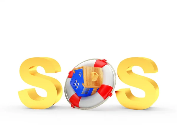 Golden word SOS and blue house in lifebuoy — Stock Photo, Image