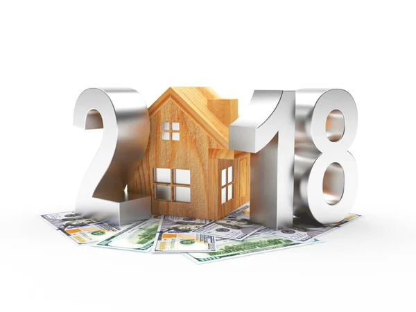Ασημένιο 2018 το νέο έτος και ξύλινο σπίτι σχετικά με τους λογαριασμούς δολαρίων — Φωτογραφία Αρχείου