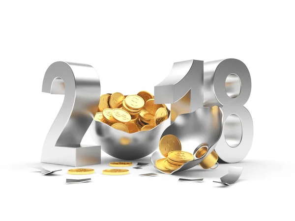银 2018年新年和破碎的圣诞球充分的金币 — 图库照片
