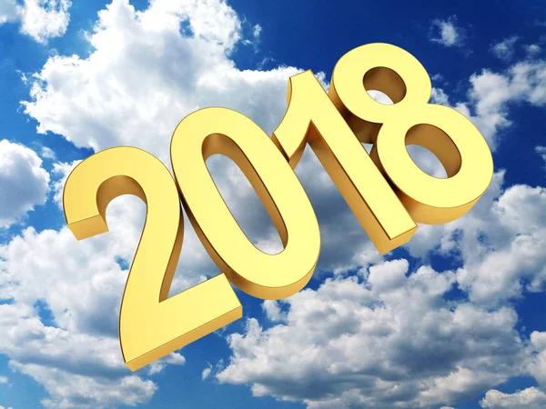 Numeri d'oro 2018 Capodanno sullo sfondo del cielo nuvoloso blu . — Foto Stock