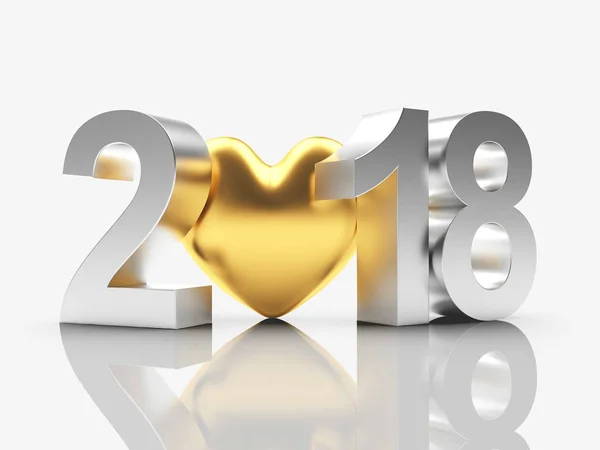 2018 Happy New Year concept. Silver text with golden heart — Stock Photo, Image