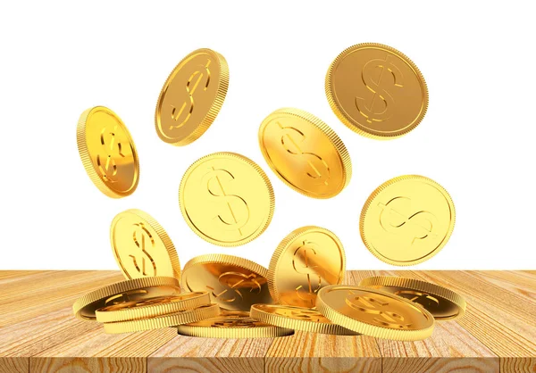 Pilha de moedas de ouro caindo com um sinal de dólar em madeira — Fotografia de Stock