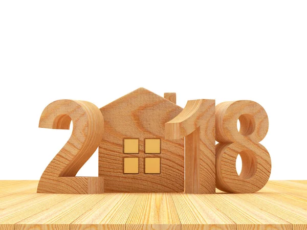 Números de madeira 2018 Ano Novo e ícone da casa em madeira — Fotografia de Stock