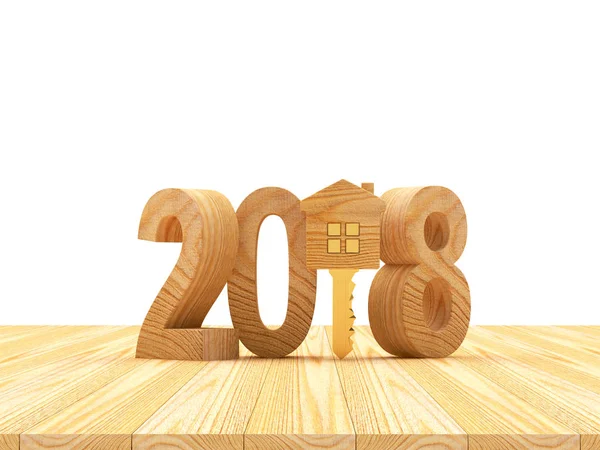 Números de madera 2018 Año Nuevo y llave con figura de casa sobre fondo de madera . — Foto de Stock