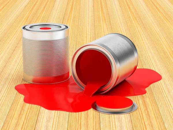 Lattine versato vernice rossa su sfondo di legno. Illustrazione 3D — Foto Stock