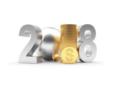 Gümüş numaraları 2018 ve dolar işareti olan altın sikke yığını 