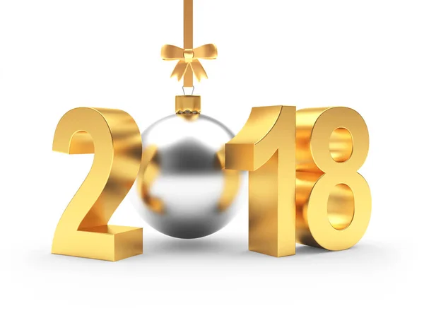 Golden 2018 Año Nuevo y bola de Navidad de plata con cinta y lazo — Foto de Stock