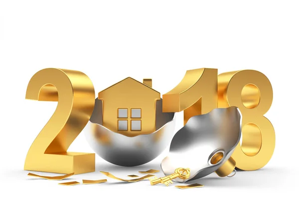 Golden 2018 Año Nuevo y bola de Navidad de plata rota con casa — Foto de Stock