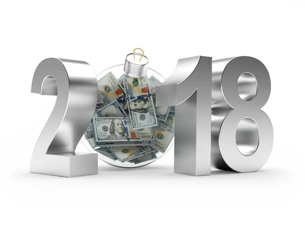 Argent 2018 Nouvel An avec boule de Noël en verre plein de billets de dollar — Photo