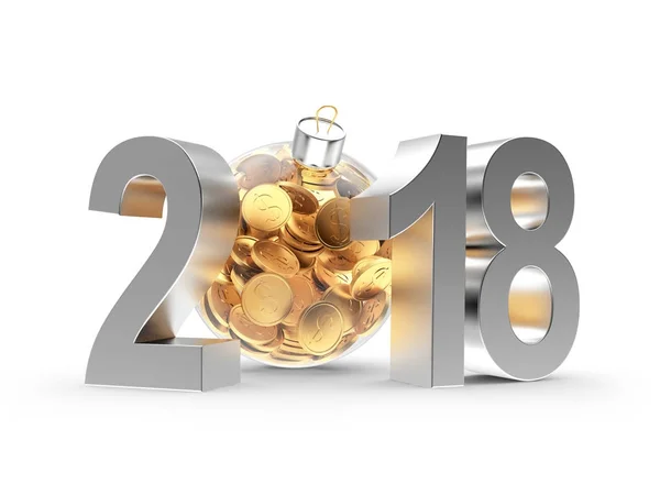 Silver 2018 nyår med genomskinliga jul bollen full av gyllene mynt — Stockfoto