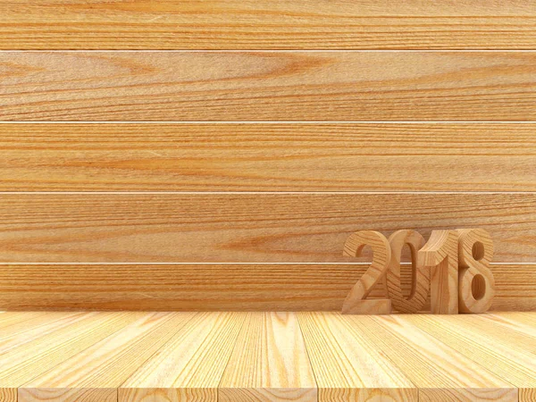 Número de madera 2018 en el fondo de un suelo de madera y una pared con espacio para el texto . — Foto de Stock