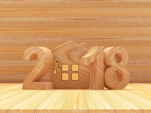 Números de madera 2018 Año Nuevo y icono de la casa en madera — Foto de Stock