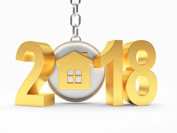 Новогодние золотые номера 2018 года и иконка дома на брелке — стоковое фото