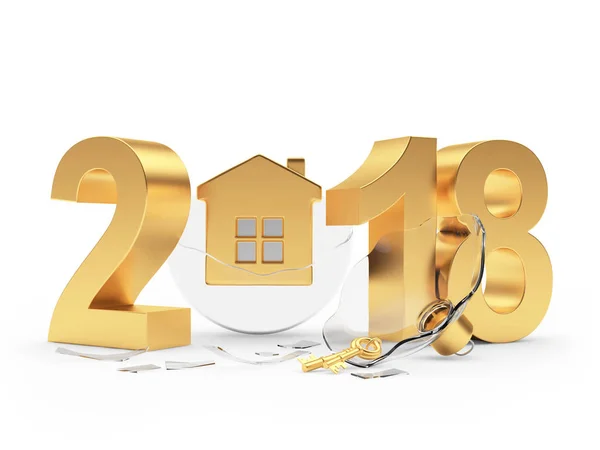 Golden 2018 Año Nuevo y bola de Navidad de vidrio transparente roto con casa — Foto de Stock