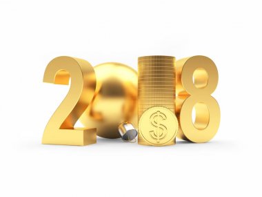 Golden numaraları 2018 ve dolar işareti olan sikke yığını 