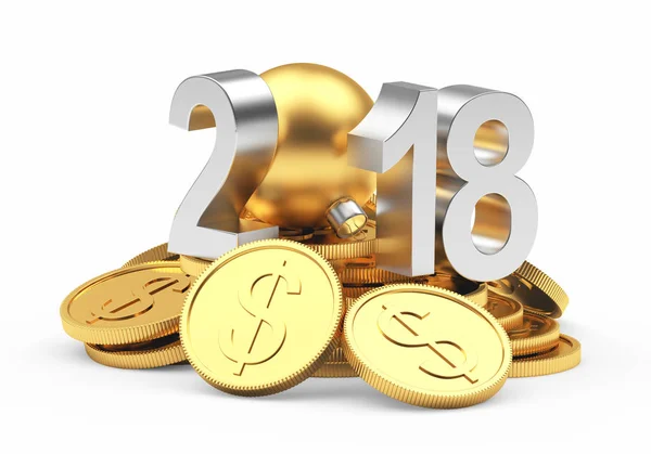 Zilver 2018 op een stapel van gouden munten — Stockfoto