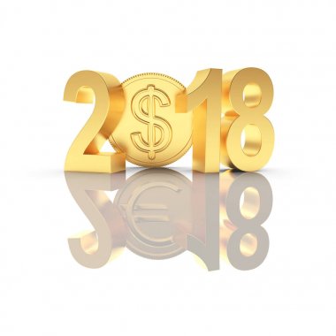 Altın 2018 yeni yıl para dolar işareti ve yansıması ile Euro simgesi 