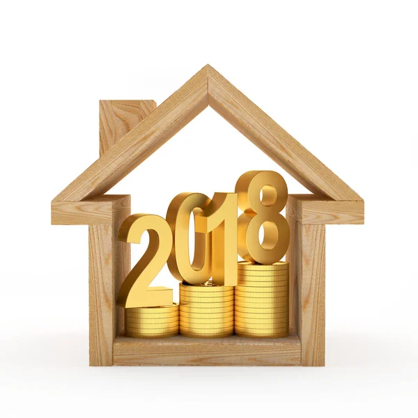 Icono de casa de madera con texto dorado 2018 en monedas . — Foto de Stock