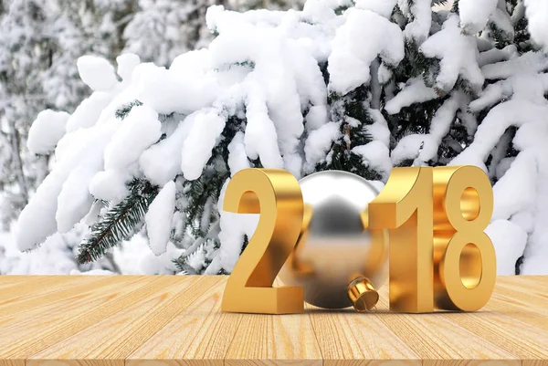 Número 2018 Con Ramas Abeto Cubiertas Nieve Espacio Para Texto — Foto de Stock