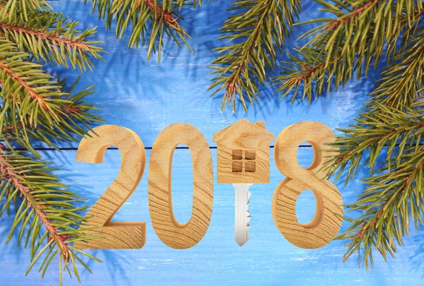 Número Madera Año Nuevo 2018 Icono Casa Clave Sobre Fondo — Foto de Stock