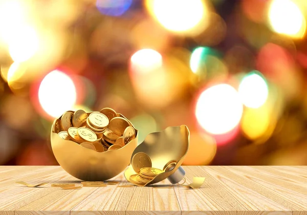 Сломанный Золотой Рождественский Шар Монетами Фоне Ярких Размытых Боке Огней — стоковое фото