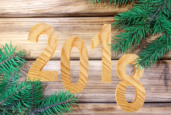 Número Madera 2018 Fondo Vacaciones Navidad Figuras Con Ramas Abeto — Foto de Stock