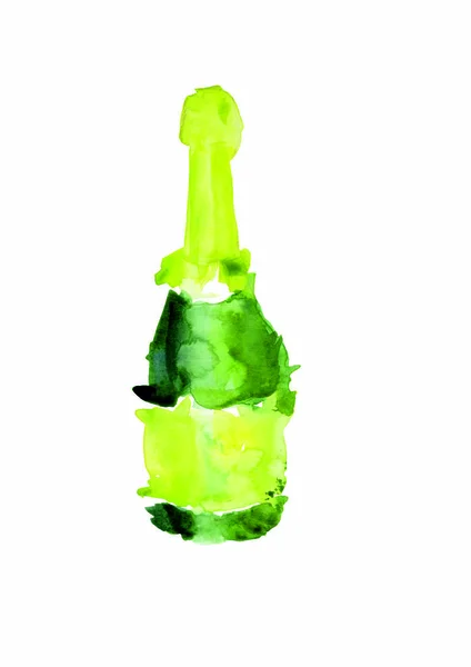 Acuarela ilustración de una botella verde de champán. Champán aislado sobre fondo blanco . — Foto de Stock